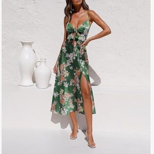 Fashionme Women Spaghetti Strap Midi Satin Dresses Tie Front Backless Dress